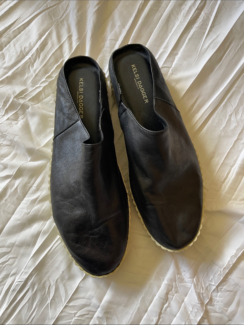 Kelsi Dagger Black Leather Slip-On Loafers with Cream Soles